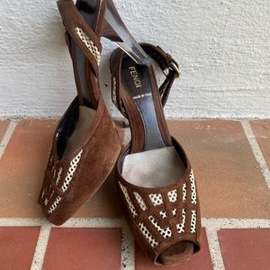 FENDI ladie’s Brown Suede and Mesh Lucite heels